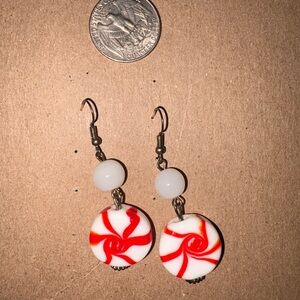 White and Red Swirl Glass Drop Earrings